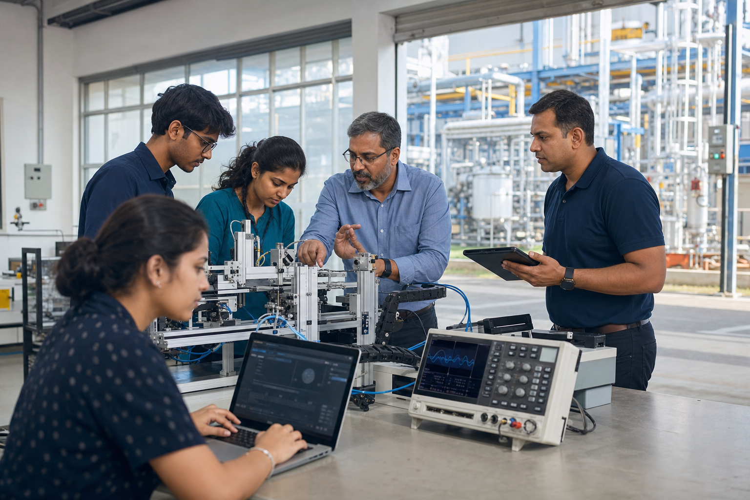 Students, faculty, and industry reviewing an applied systems prototype